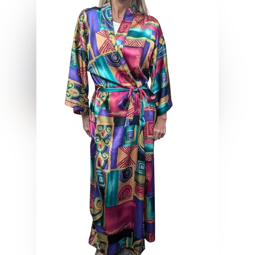 Vintage California Dynasty Abstract Satin Robe Kimono Wrap Belted Colorblock L